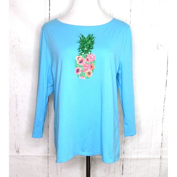 Talbots Long Sleeve Pullover Top Blue Cotton Sequined Pineapple Size Large - Picture 1 of 5